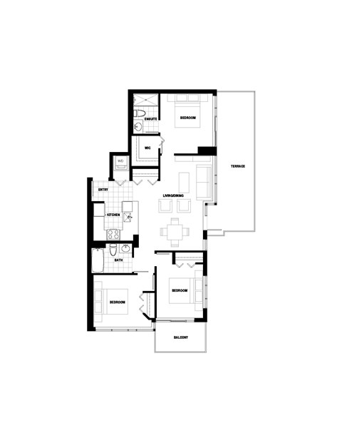 Floor plan for 3 beds, 2 baths, 1041 sqft